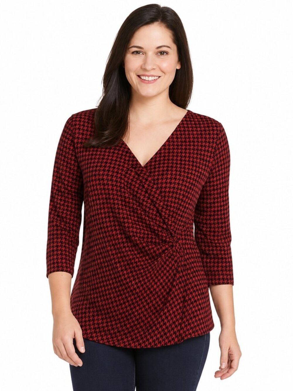 Red & Black Houndstooth Wrap Blouse | V-Neck, 3/4 Sleeve | Stylish & Flattering